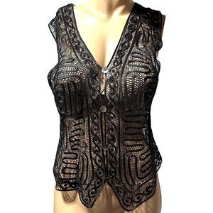 Cache Y2K Black Crochet Lace Vest 100% Silk Blouse Size M Button Front Tie Back